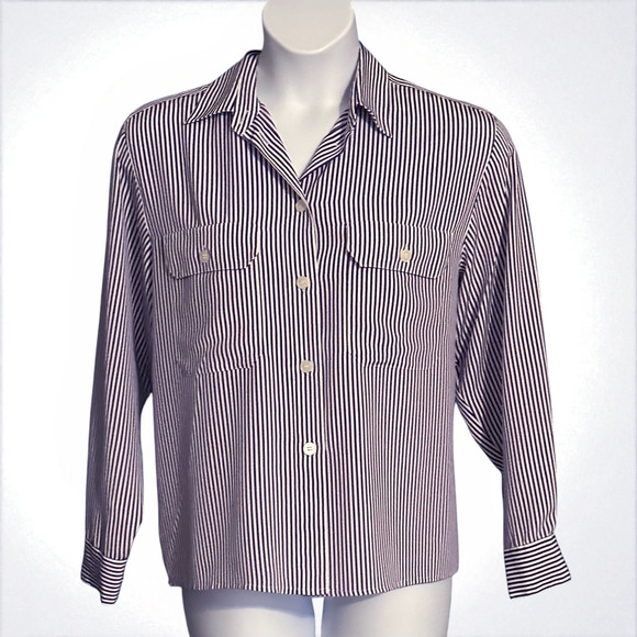 Vintage Rena Rowan Striped Button Up Shirt Size 12 Retro Pockets Vikings Purple - Picture 1 of 7